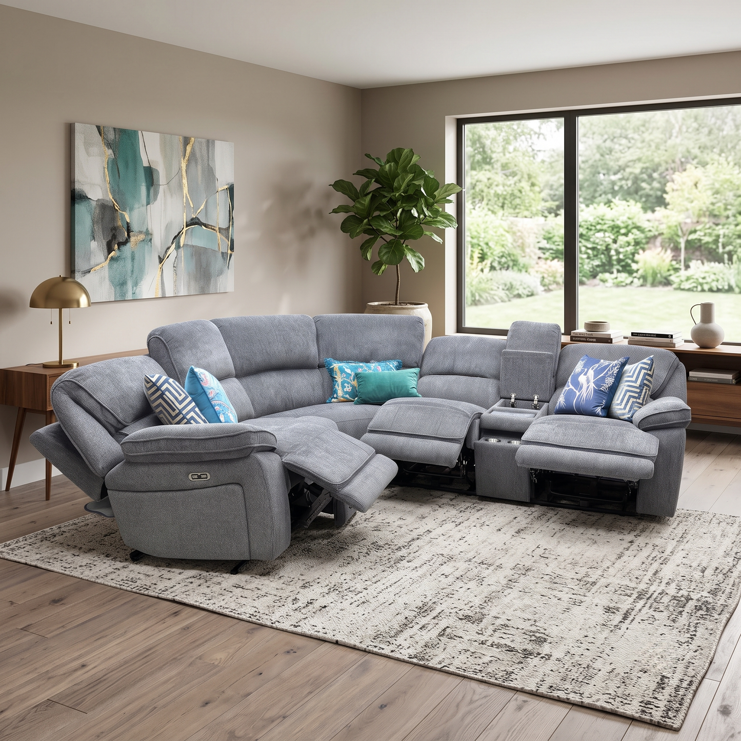 'Costa' Power Recliner Charcoal Grey Weave Fabric Left Hand Corner Sofa with Cupholders, Storage and Bluetooth Speakers and Power Headrests Thornbrook (a Joseph James brand)
