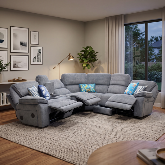 Styled upscale smart home entertainment theater lifestyle layout featuring the complete Costa Charcoal Grey right-hand corner power recliner sectional sofa arranged under ambient media room lighting.