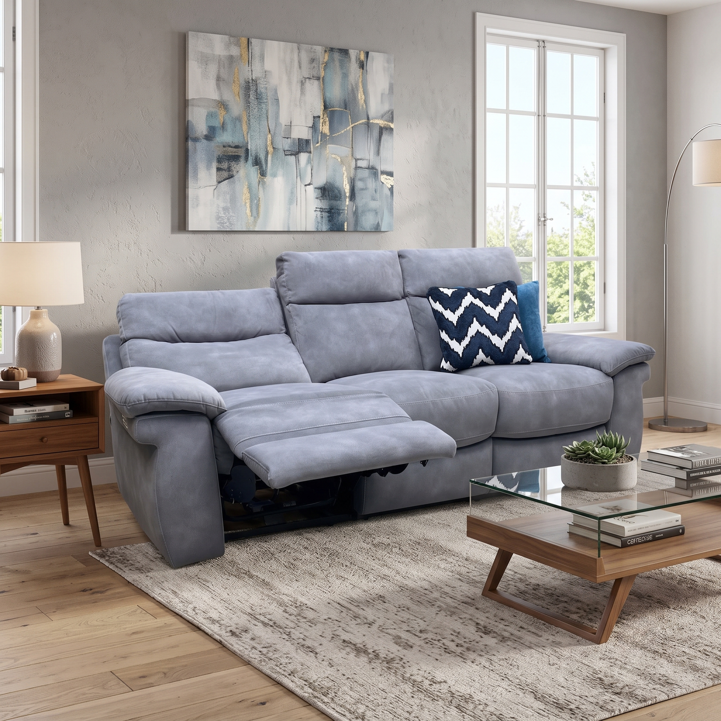 ‘Serene’ SFA-PEY-R12 Elephant Grey Fabric 3 Seater Power Recliner Sofa with Power Headrests and Power Lumbar Furniture Village