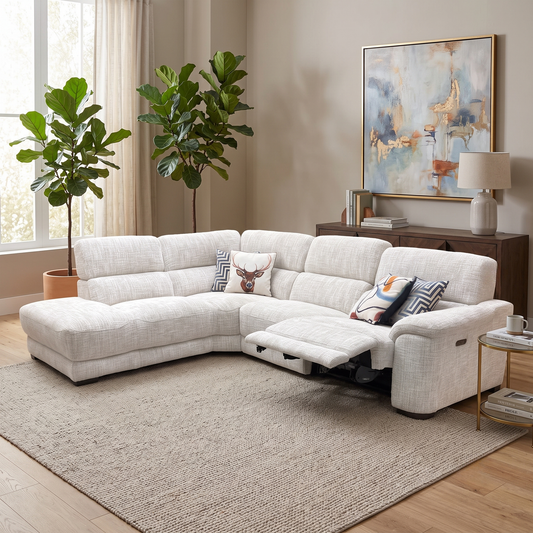 ‘Nova’ Fab-Mga-R04 Beige Fabric Power Recliner Chaise End Sofa with Power Headrests Furniture Village