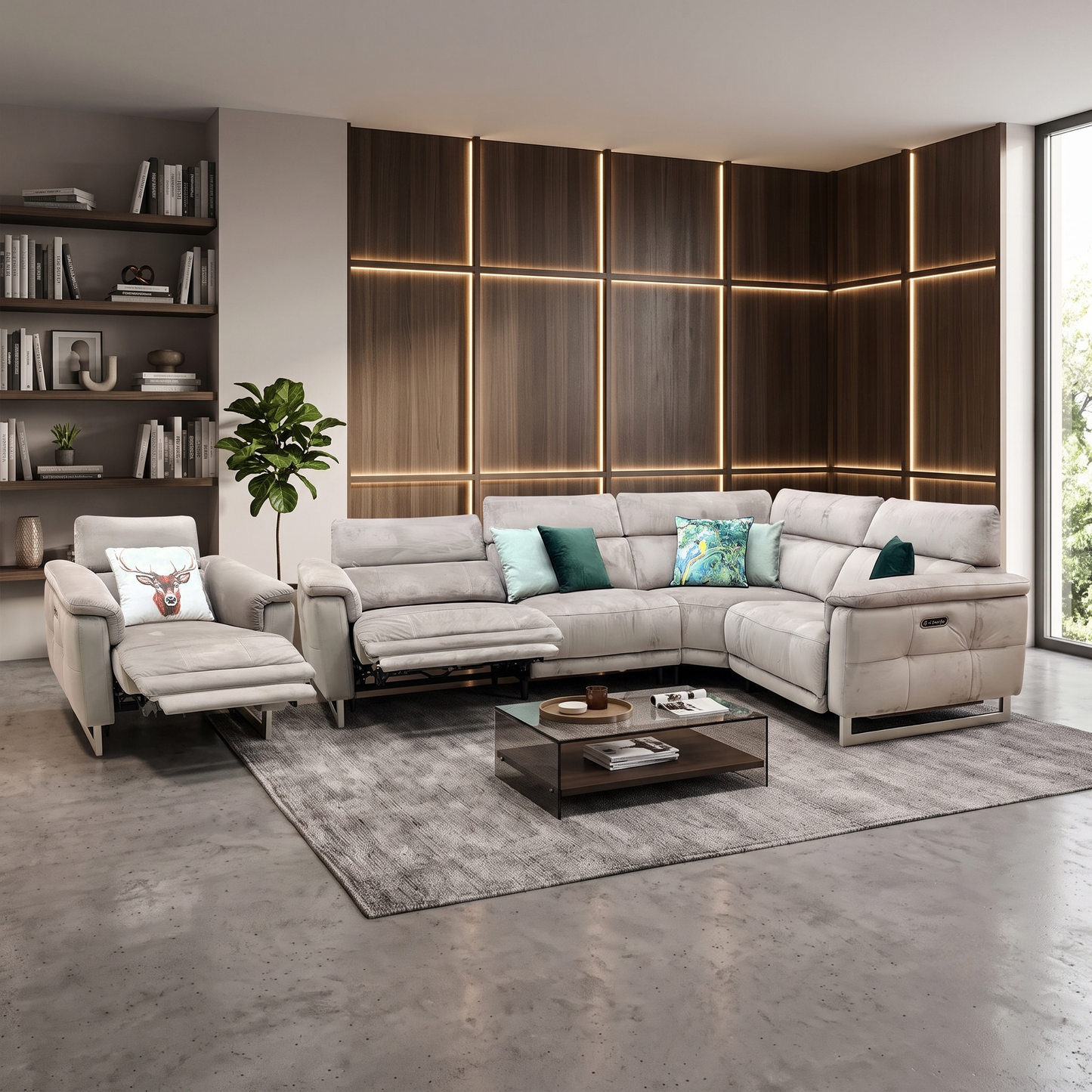 ‘Moet’ 51014 Opulence Cedar Fabric Power Recliner Corner Sofa + Chair with Telescopic Headrests Furniture Village
