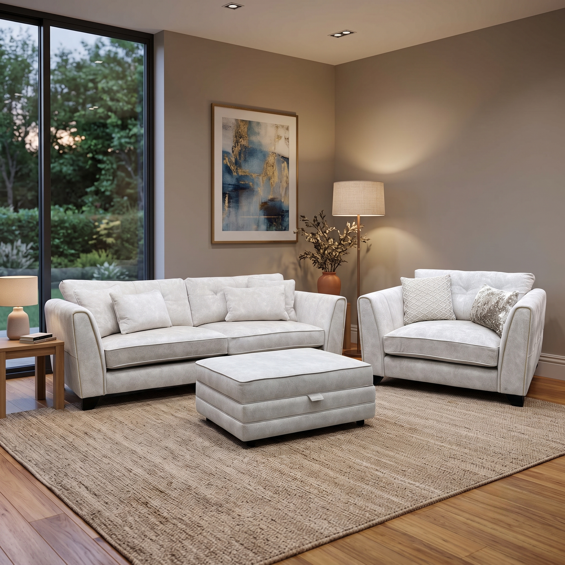 Mariah_ Dapple Ivory-Tri Brass Insert Fabric 4 Seater Classic Back Split Frame Sofa with Snuggler Chair & Storage Footstool Furniture Village