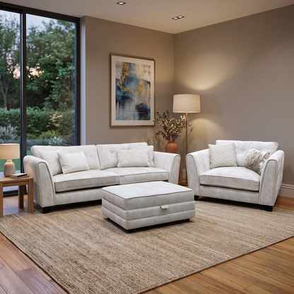 Mariah_ Dapple Ivory-Tri Brass Insert Fabric 4 Seater Classic Back Split Frame Sofa with Snuggler Chair & Storage Footstool Furniture Village