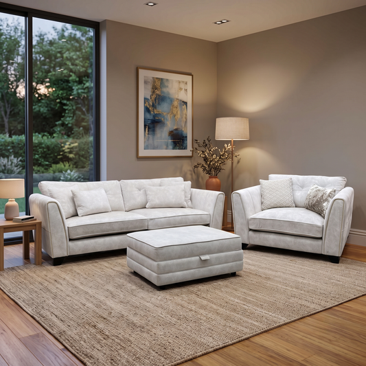 Mariah_ Dapple Ivory-Tri Brass Insert Fabric 4 Seater Classic Back Split Frame Sofa with Snuggler Chair & Storage Footstool Furniture Village