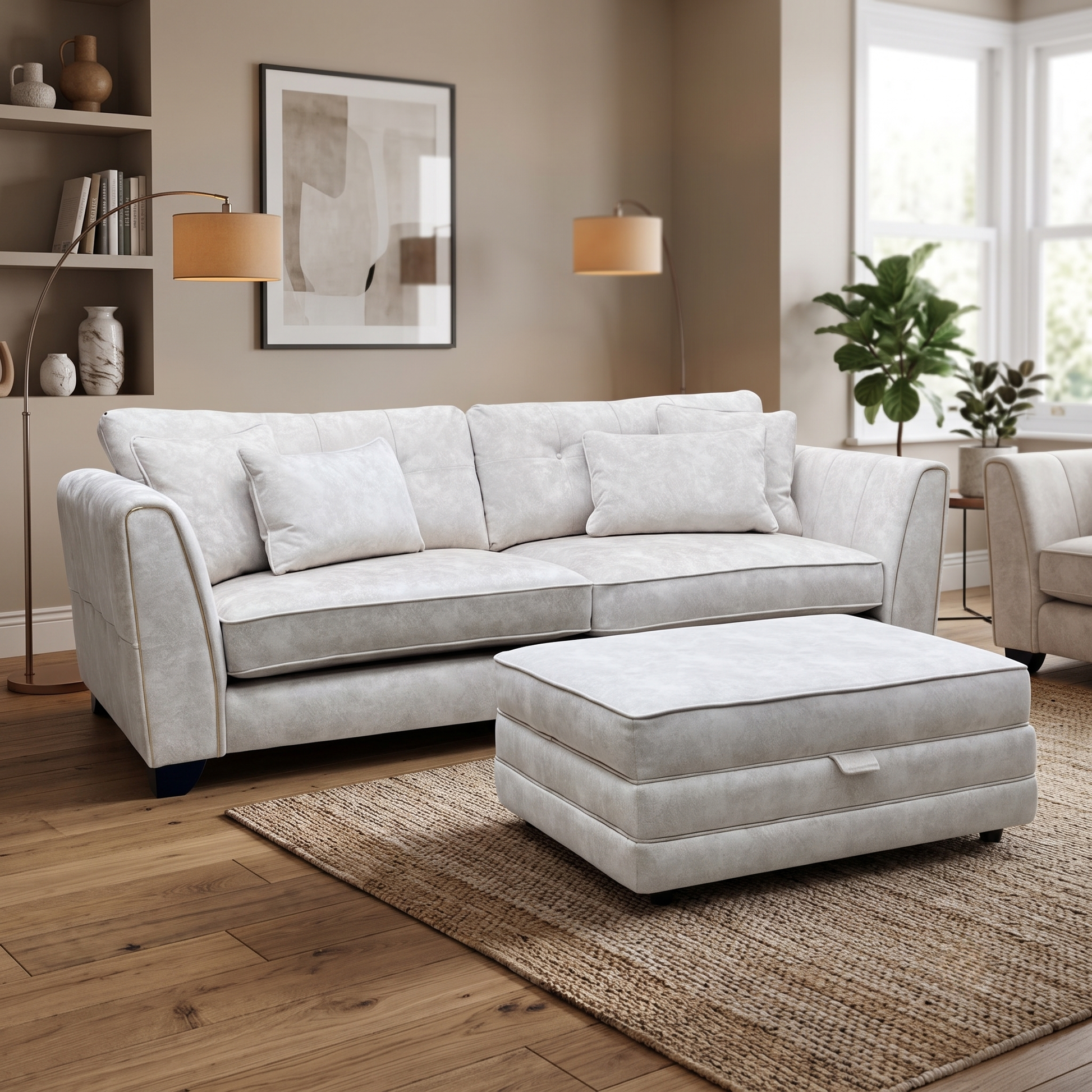 'Mariah' Dapple Ivory-Tri Brass Insert Fabric 4 Seater Classic Back Split Frame Sofa with Storage Footstool Furniture Village