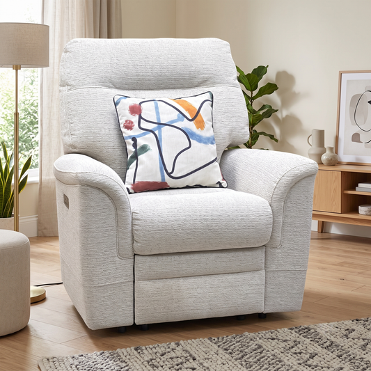 Parker Knoll ‘Hudson 23’ Caledonian Stone 001300-0055 Fabric Power Recliner Chair with Power Headrest and Power Lumbar Furniture Village