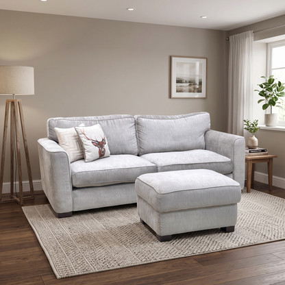 'Elora’ Warm Grey Fabric 4 Seater Split Frame Sofa with Storage Footstool Furniture Village