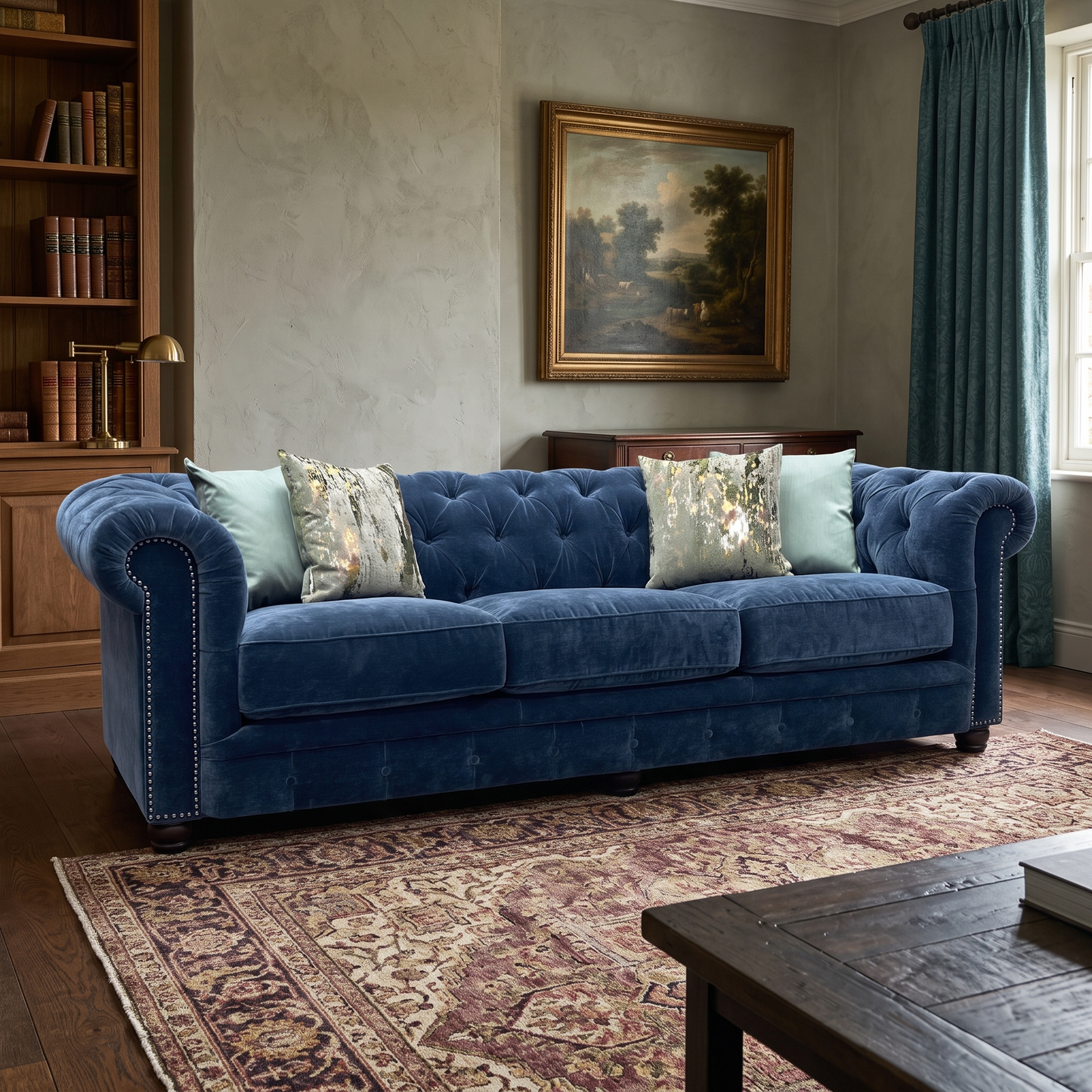 At The Helm ‘Shackleton’ X3y2-W024 Midnight Blue Fabric 4 Seater Chesterfield Sofa Furniture Village