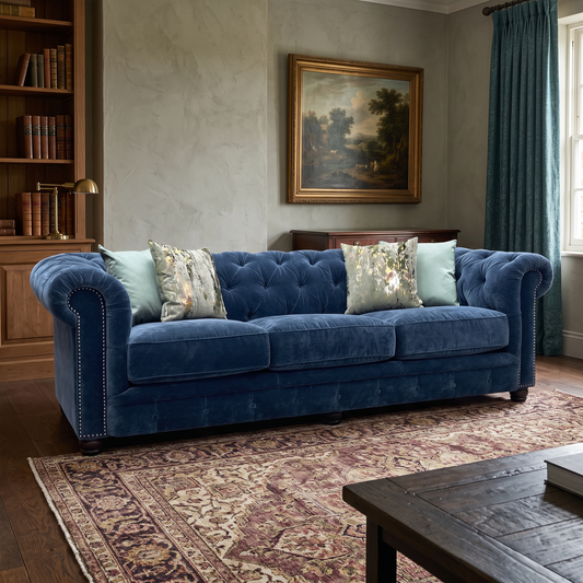 At The Helm ‘Shackleton’ X3y2-W024 Midnight Blue Fabric 4 Seater Chesterfield Sofa Furniture Village
