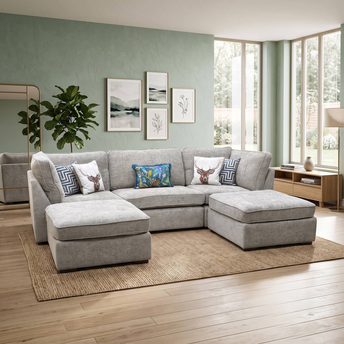 ‘Emilia’ Stone Fabric Standard U-Shaped Corner Sofa Furniture Village
