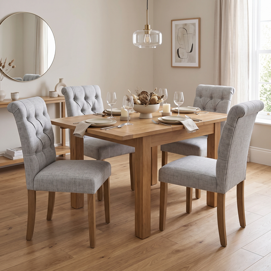 'Lewis' Mist Grey Fabric Button Back Dining Chairs - Set of 4 Furniture Village