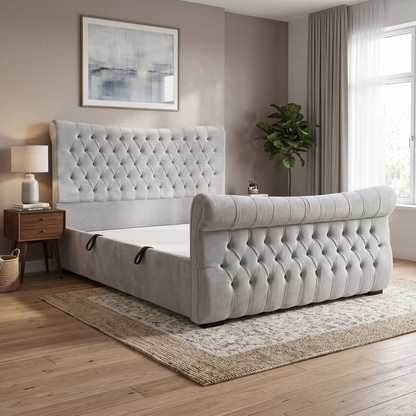 Sleep Story ‘Lance’ Aston Silver Fabric Left Hand Side Opening Ottoman Bed Frame - Super King Furniture Village