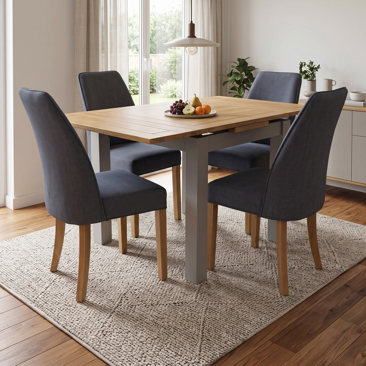 ‘Hamilton’ Solid American Oak Draw Leaf Extending Dining Table with Charcoal Grey Fabric Dining Chairs - Set of 4 Furniture Village