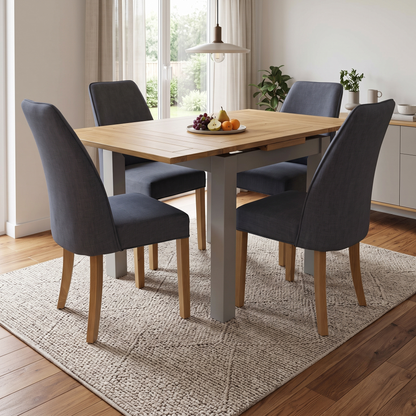 ‘Hamilton’ Solid American Oak Draw Leaf Extending Dining Table with Charcoal Grey Fabric Dining Chairs - Set of 4 Furniture Village