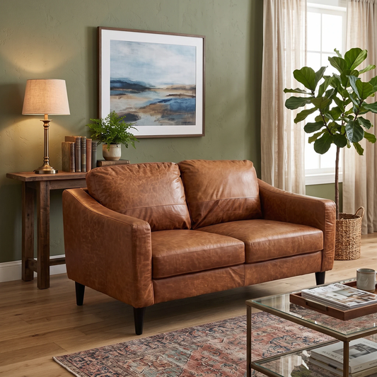 ‘Oslo’ Teak Italian Distressed Leather 2 Seater Sofa Direct From Manufacturer