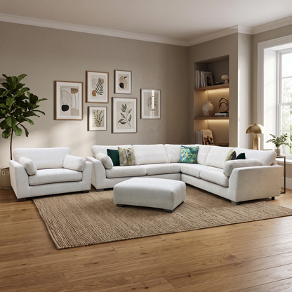 ‘Essie’ 2 Corner 2 Sofa with Snuggler Chair + Banquette Footstool Cream Woven Fabric Sofa Set DFS