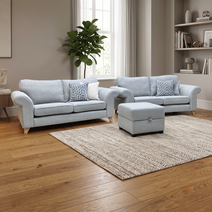 ‘Angelic’ Ash Grey Cotswold Plain Fabric 2 Seater Sofa + 2 Seater Sofa + Storage Footstool Set DFS