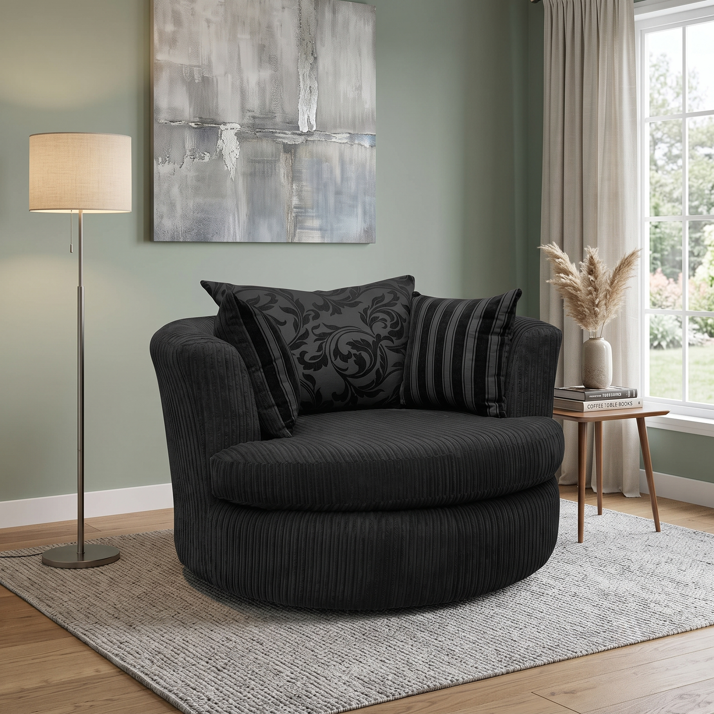 ‘Celine' Black Celine Cord Fabric Large Swivel Chair DFS