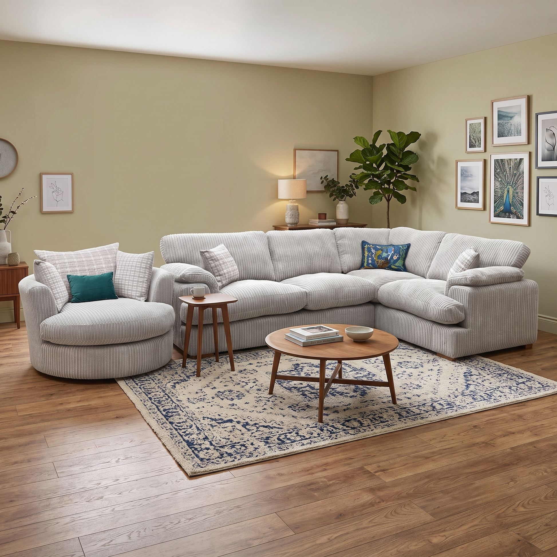 ‘Celine’ Left Arm Facing 2 Seater Formal Back Corner Sofa with Large Swivel Chair Mink and Mocha Celine Cord Fabric Sofa Set DFS