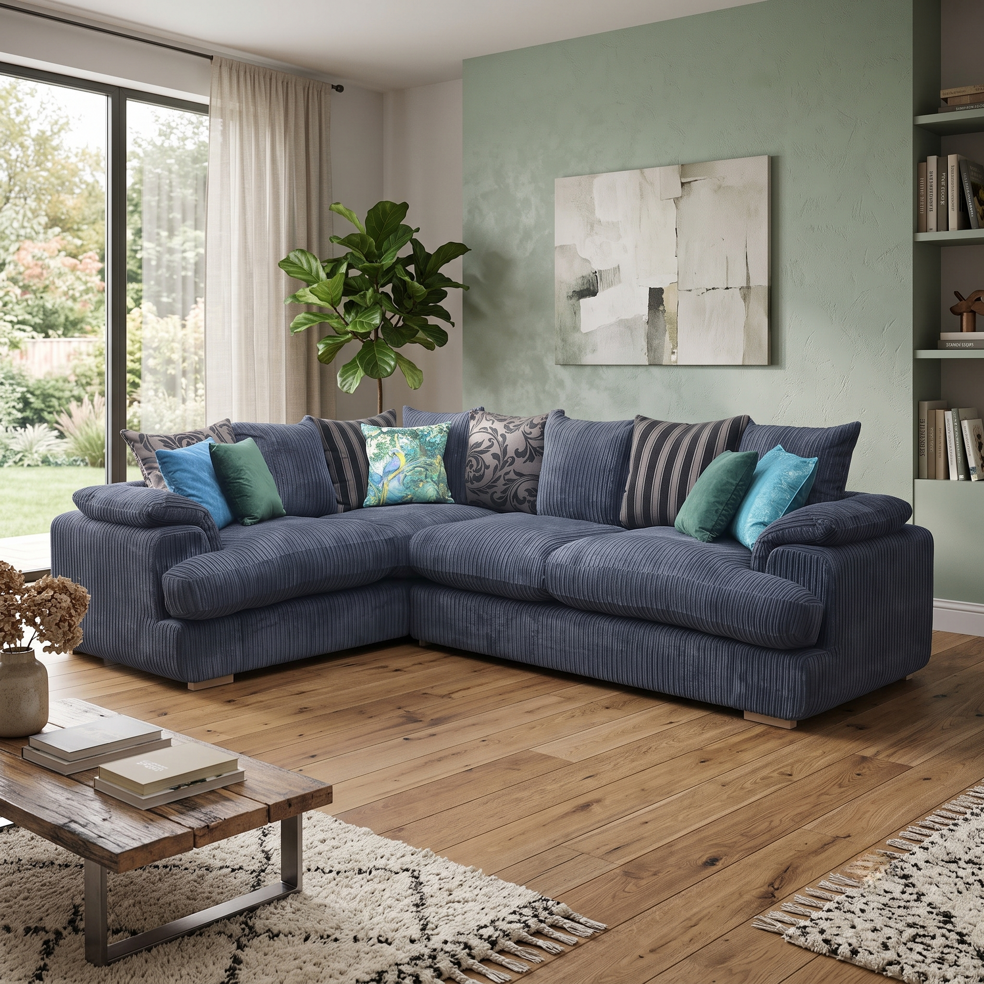 'Celine' Black Celine Cord Fabric Right Arm Facing 2 Seater Pillow Back Corner Sofa DFS