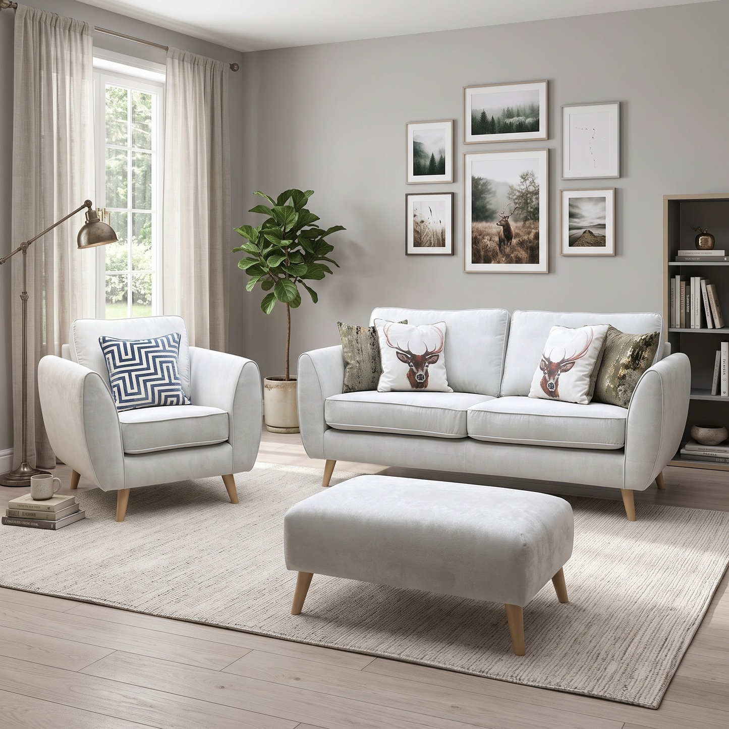 'Aurora' Silver Plaza Linen Fabric 3 Seater Sofa + Chair + Banquette Footstool DFS