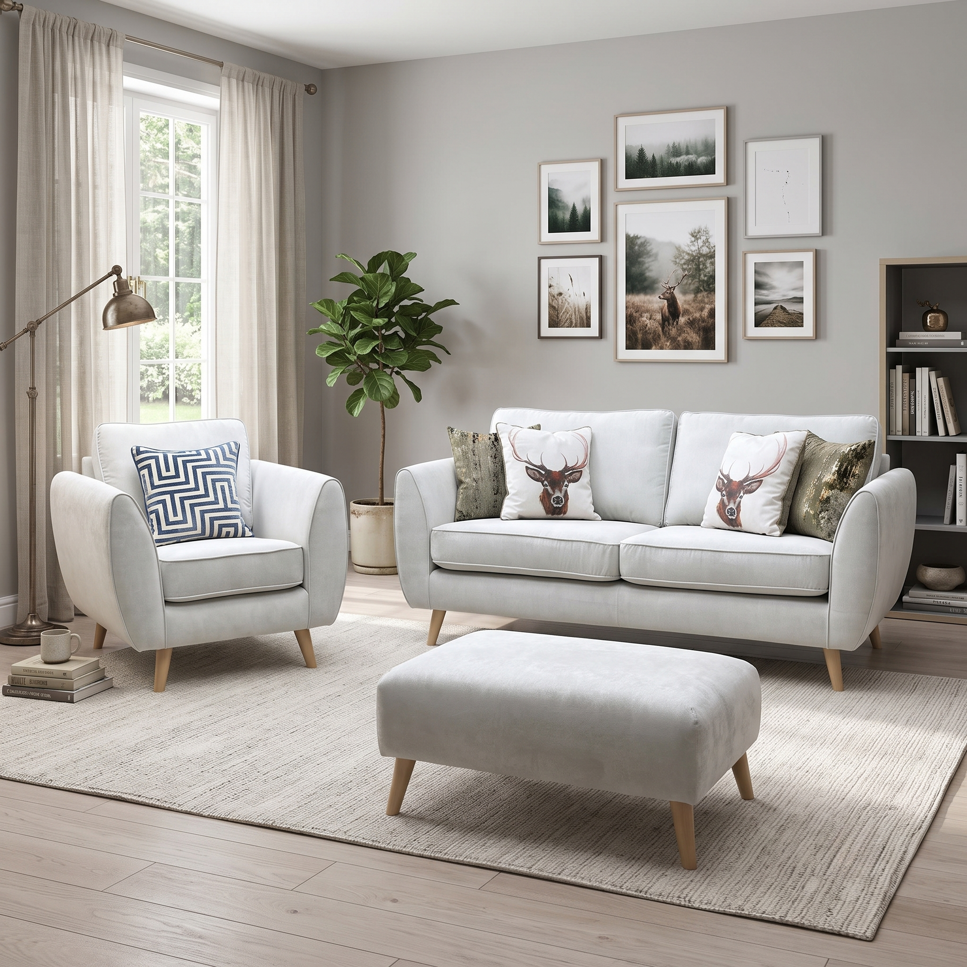 'Aurora' Silver Plaza Linen Fabric 3 Seater Sofa + Chair + Banquette Footstool DFS