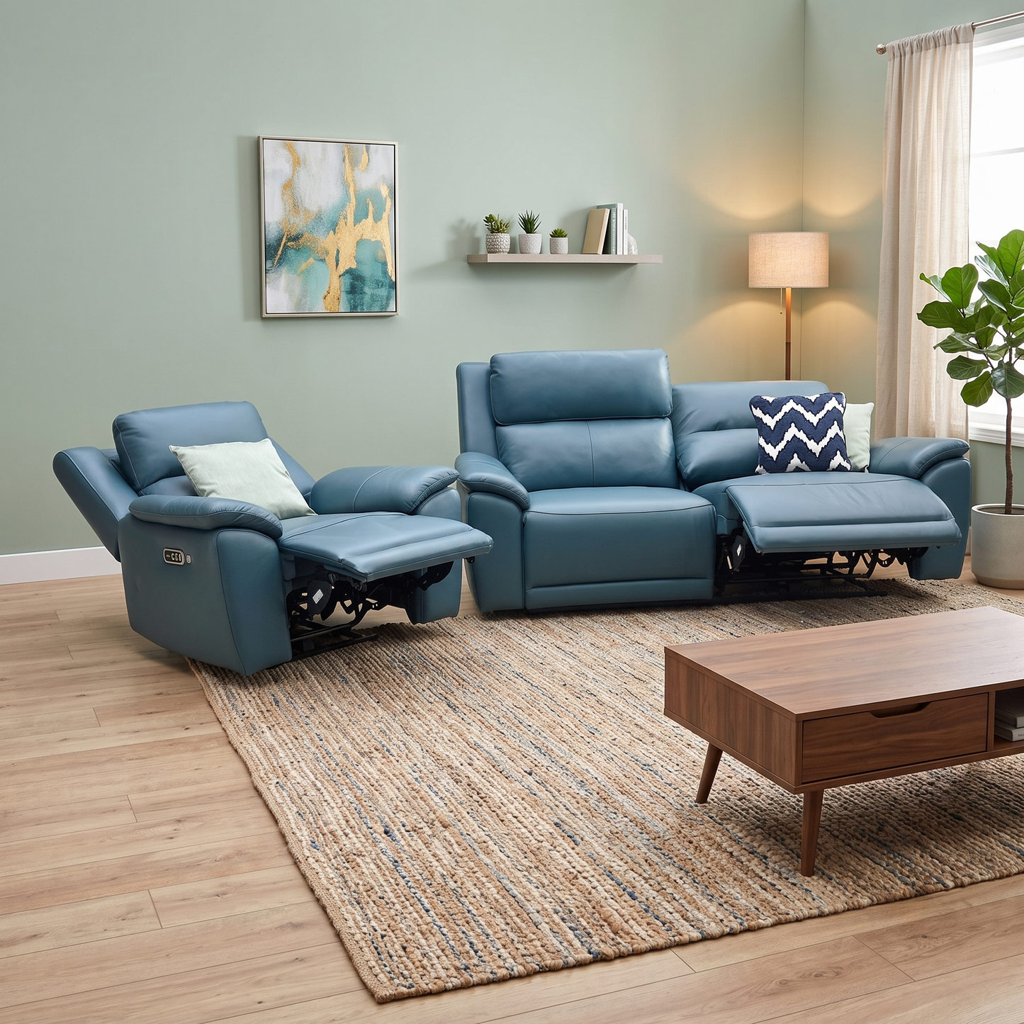 ‘Utah’ Midnight Jade Teal Matte Le-9324 Leather 3 Seater Power Recliner Sofa with Power Headrest and Power Lumbar + Power Chair with Heated Seat Furniture Village