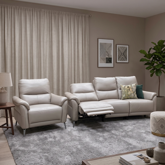 ‘Daytona’ Cat-40_08 Oyster Leather 3 Seater Power Recliner Sofa + Chair Furniture Village