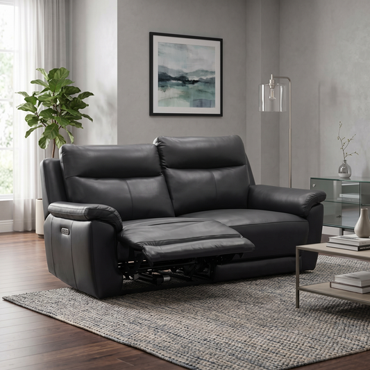 ‘Bobby’ Black Leather 3 Seater Power Recliner Sofa Direct From Manufacturer