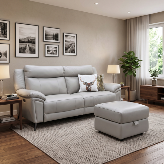 ‘Panache’ Lead Grey Cat-60_23 Leather 3 Seater Power Recliner Sofa + Storage Footstool Furniture Village