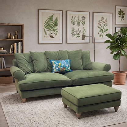The Lounge Co. ‘Bronwyn’ Woo160 Woodland Moss Green Fabric 4 Seater Scatter Back Sofa + Footstool Furniture Village