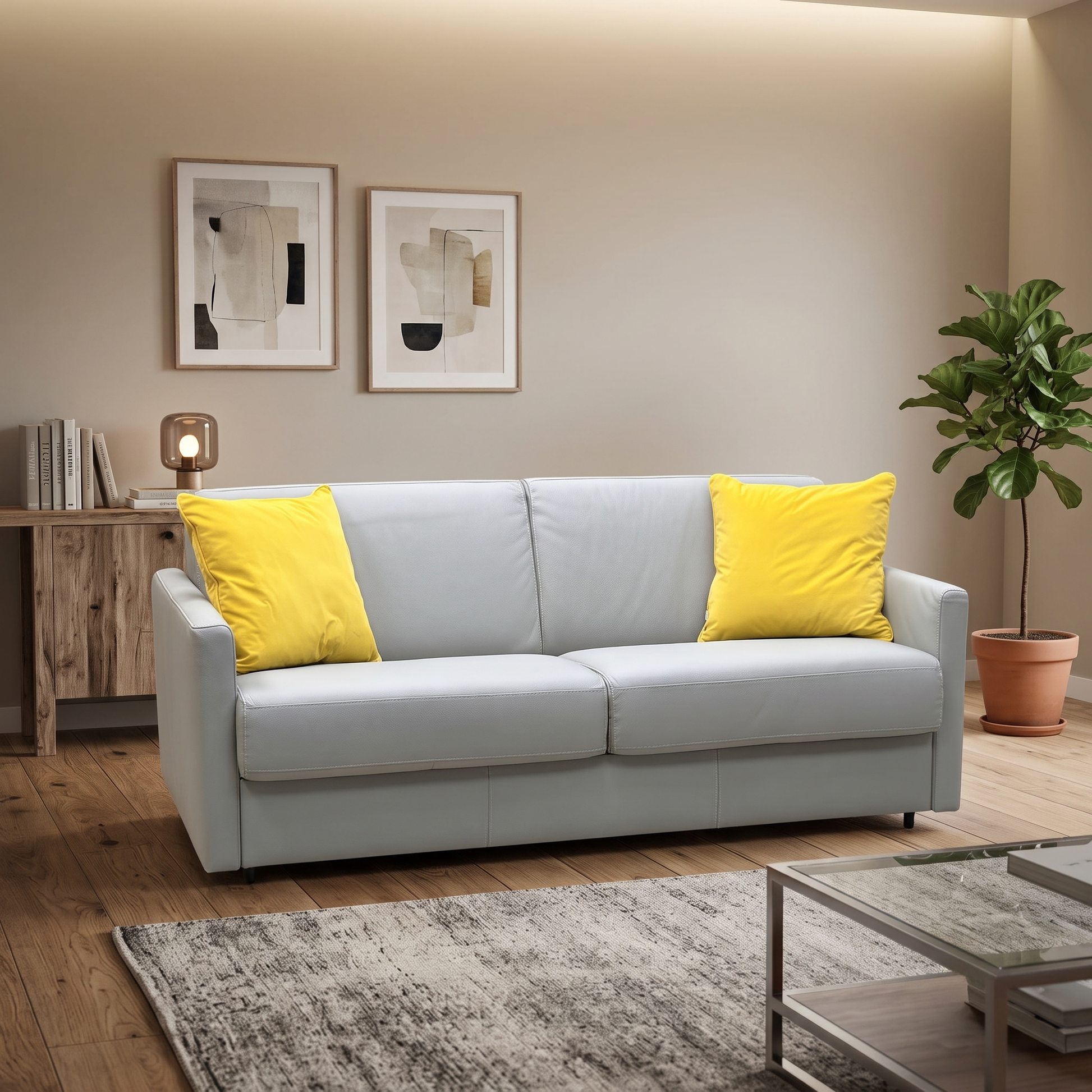 Nicoletti ‘Alcova’ Torello Tortora 328 Grey Leather 2.5 Seater Sofa Bed with Slim Arms Furniture Village