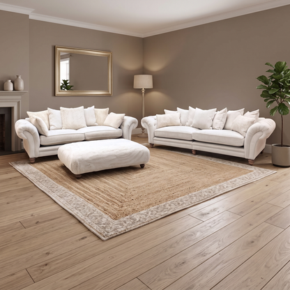 ‘Blenheim’ Darwin Ivory Fabric 4 + 4 Seater Scatter Back Sofa + Large Fur Footstool