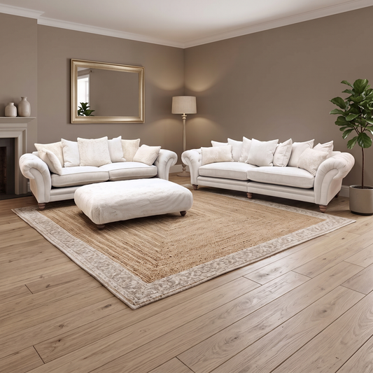 ‘Blenheim’ Darwin Ivory Fabric 4 + 4 Seater Scatter Back Sofa + Large Fur Footstool
