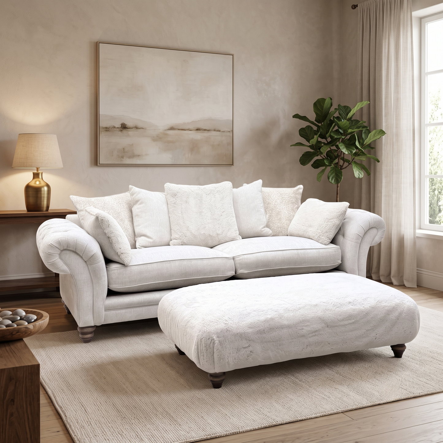 ‘Blenheim’ Darwin Ivory Fabric 4 Seater Scatter Back Sofa + Large Fur Footstool