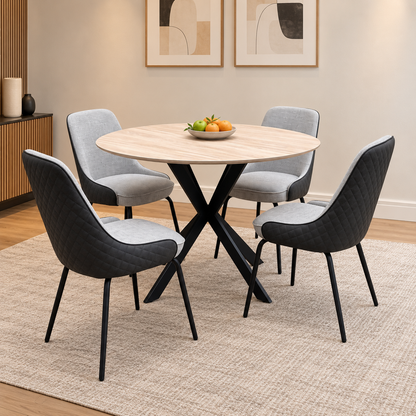 ‘Sadia’ Oak Veneer 110cm Round Dining Table with Grey Combination Dual Material Dining Chairs - Set of 4