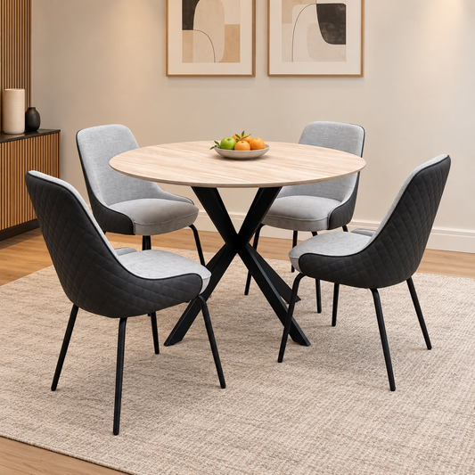 Sadia Oak Veneer 110cm Round Dining Table with Grey Combination Dual Material Dining Chairs - Set of 4 – view 2
