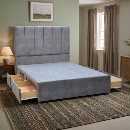 ‘Clancy’ Dapple Mink Fabric Floor Standing Headboard + 2 Draw Divan Base - King Furniture Village