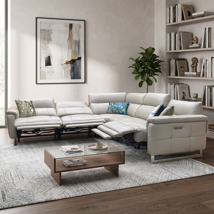 ‘Moet’ Cat-40_08 Oyster Leather Large Power Recliner Corner Sofa with Power Headrests Furniture Village