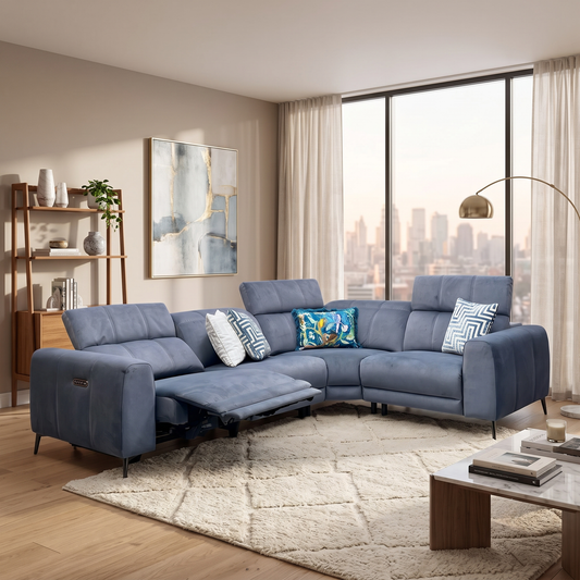 ‘Ezra' Bella Iron Grey Velvet Fabric Power Recliner Corner Sofa with Power Headrest Furniture Village