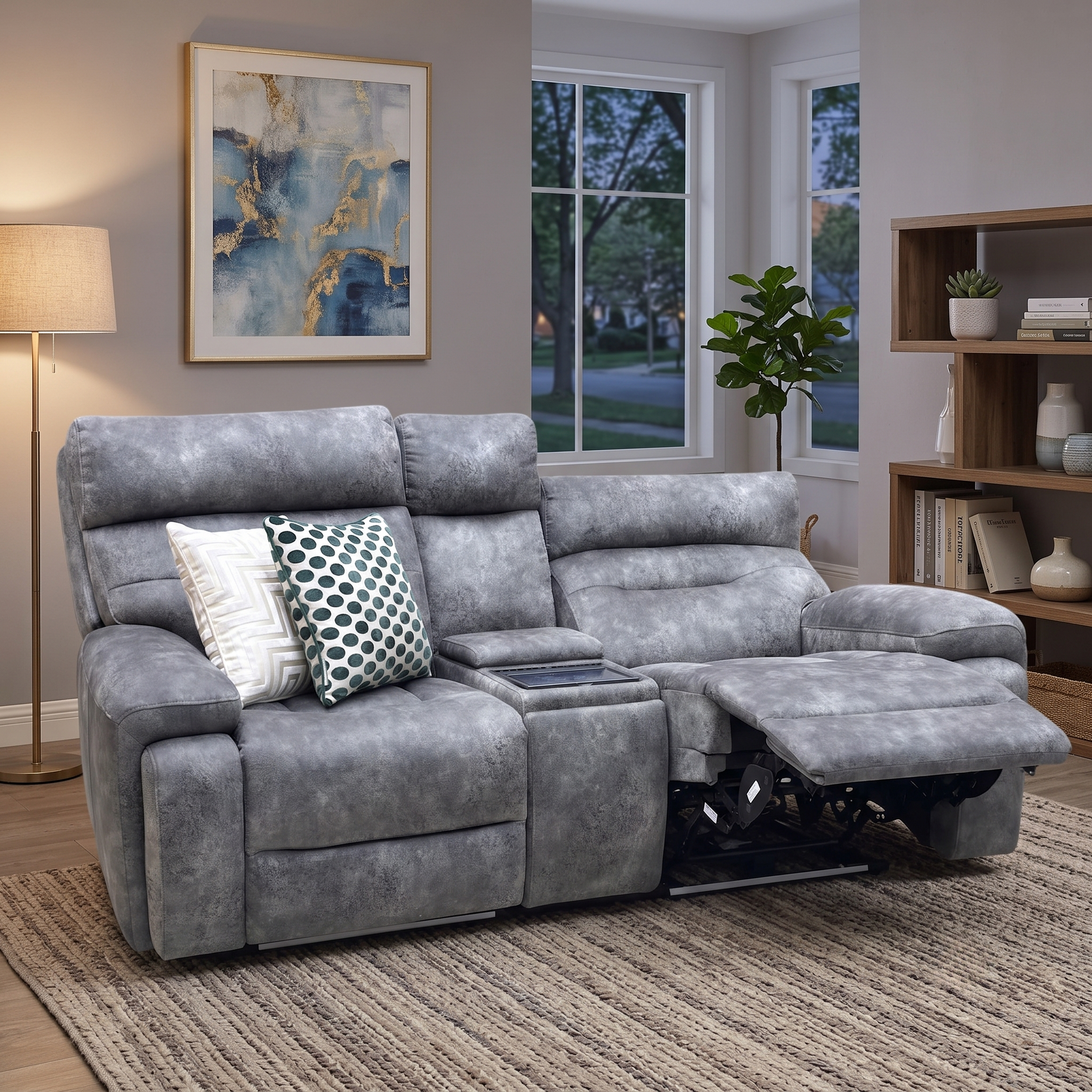 ‘Cinemax’ Marque Seal Grey Mq-0106 Velvet Fabric 2 Seater Media Console Power Recliner Sofa with Power Headrests Furniture Village