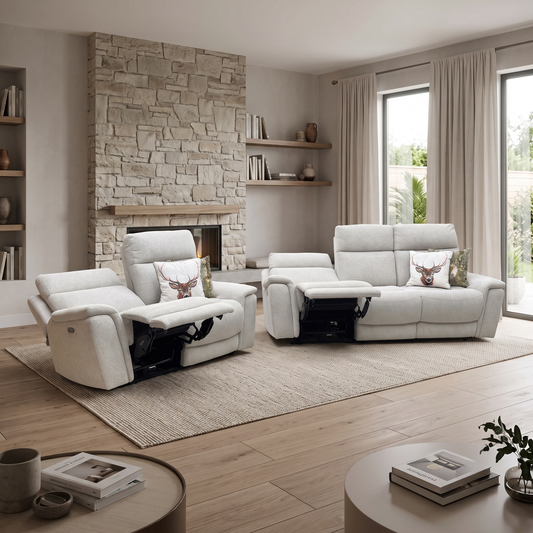 Comfort Story ‘Chill’ Fab-Mil-R120 Mink Fabric 3 + 2 Seater Power Recliner Sofa Set with Bluetooth Furniture Village
