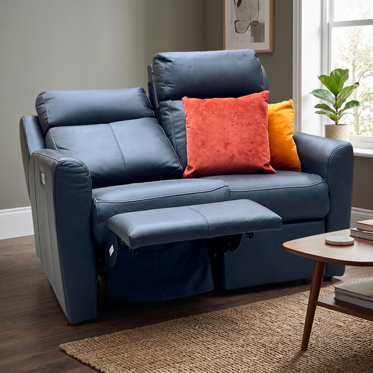 G Plan ‘Wren’ L852 Cambridge Petrol Blue Leather 2 Seater Power Recliner Sofa Furniture Village