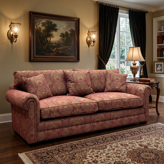 Parker Knoll The Derwent Collection ‘Bradwell’ Red and Yellow Patterned Fabric 3 Seater Classic Back Sofa Furniture Village