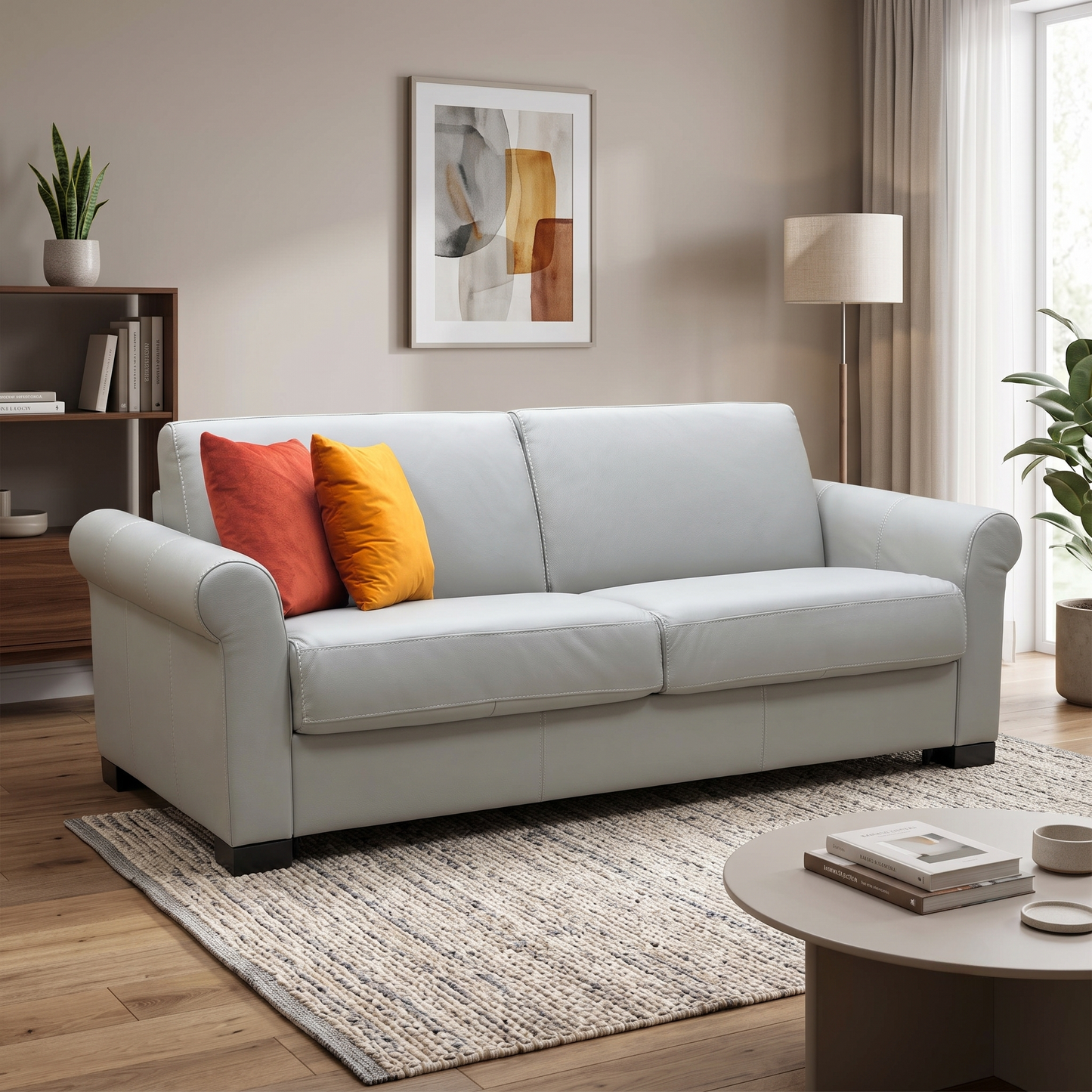 Nicoletti ‘Alcova’ Torello Tortora 328 Grey Leather 3 Seater Sofa Bed Scroll Arms Furniture Village