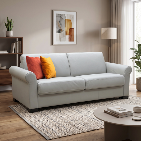 Nicoletti ‘Alcova’ Torello Tortora 328 Grey Leather 3 Seater Sofa Bed Scroll Arms Furniture Village