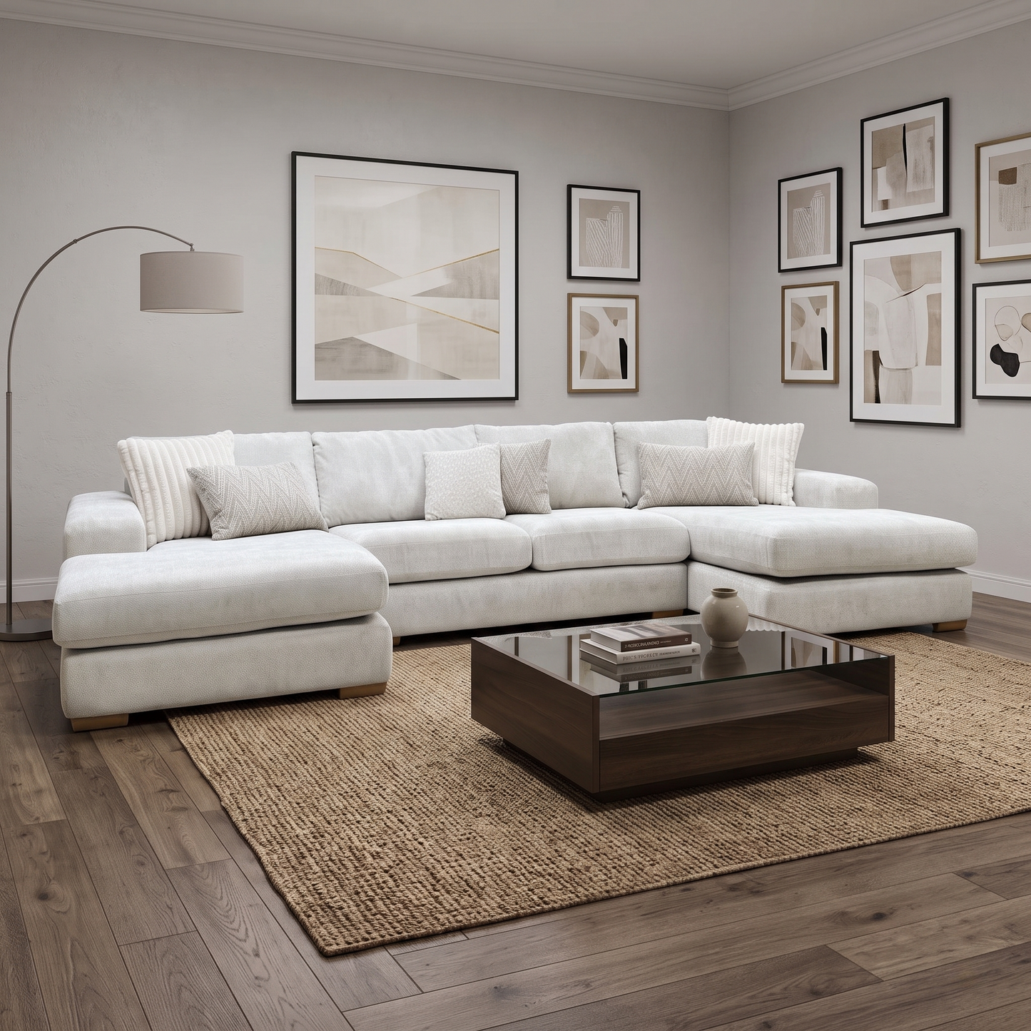 ‘Broadgate’ Stone Fabric Large U-shape Modular Sofa