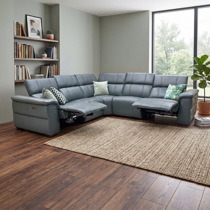 ‘Inca’ Cat-40_09 Peacock Green Leather Large Power Recliner Corner Sofa with Power Headrests Furniture Village