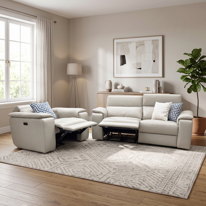 Nicoletti ‘Davide’ Torello 352 Fango Cream Leather 3 Seater Power Recliner Sofa + Power Chair Furniture Village