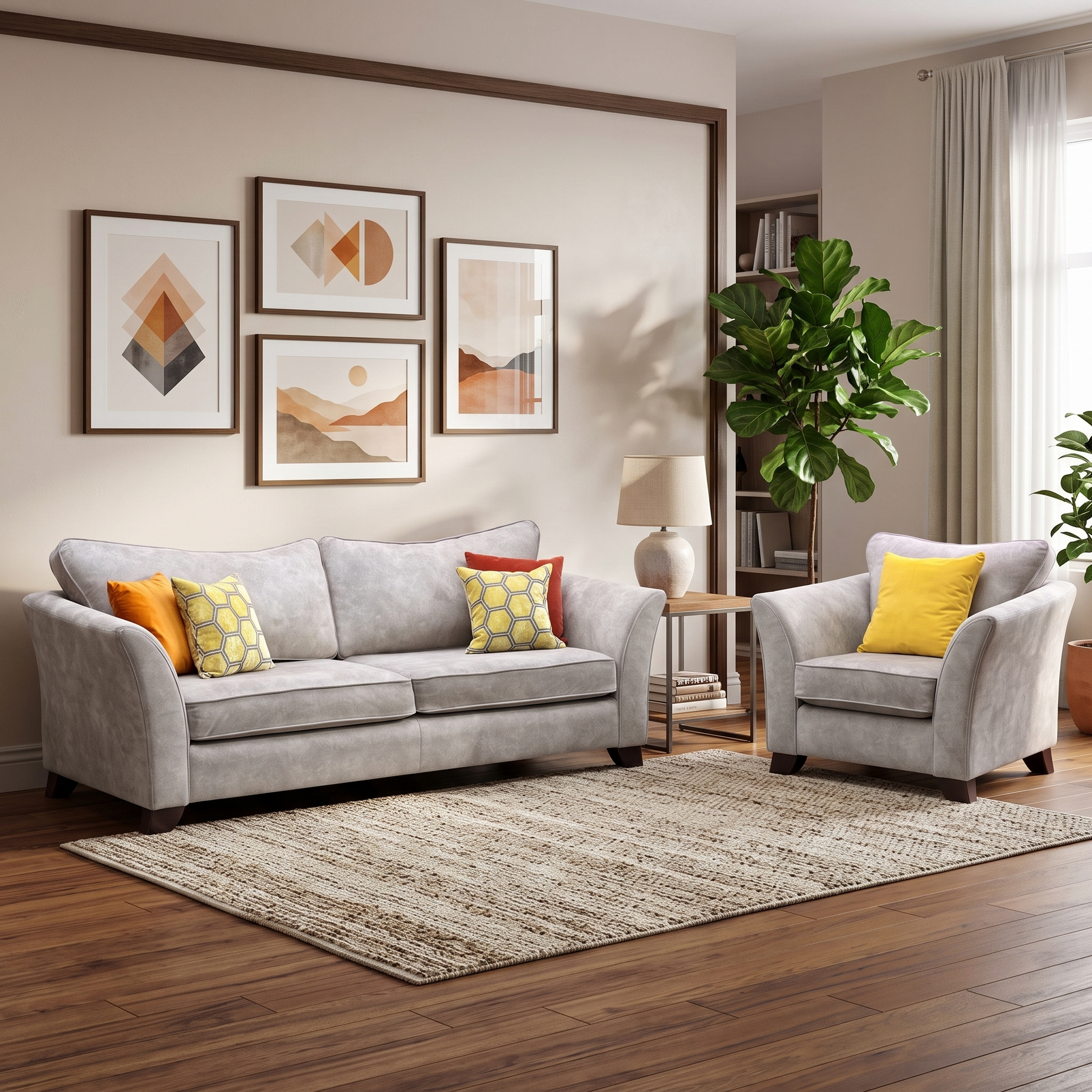 ‘Amora’ Dapple Cream Chrome Insert Fabric 3 Seater Sofa + Chair Furniture Village